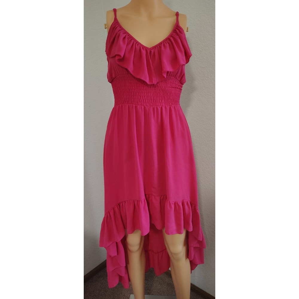 HeartSoul Pink Solid Chiffon Ruffle Hi-Low V-Neck Smocked Dress - Size S